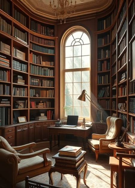 spotless moveintidy, pleased, arranging books and decor, photorealistic, a study with large bookshelves and vintage furniture, highly detailed, dust particles floating in sunbeam, detailed texture, rich mahogany and patina brass, soft afternoon light, shot with a 24mm lens.