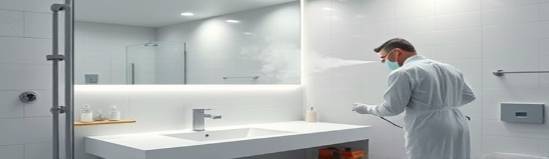 immaculate moveinsanitize, focused, disinfecting a bathroom, photorealistic, bathroom with sleek tiles and a large mirror, highly detailed, steam rising from hot water, crisp edges, stark whites and grays, cool ambient lighting, shot with a 70mm lens.