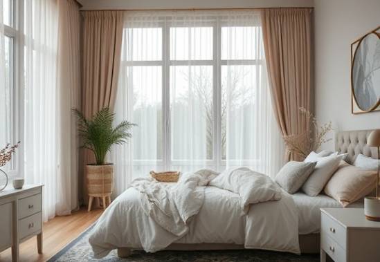 fresh moveindusting, meticulous, dusting furniture, photorealistic, a cozy bedroom with large windows and fluffy bedding, highly detailed, gentle movement of curtains, detailed dust motes, pastel hues, diffused sunlight, shot with a 85mm lens.