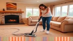 thorough moveincleaning, diligent, vacuuming the carpet, photorealistic, family room with a large sectional sofa and a fireplace, highly detailed, vacuum cords coiling neatly, sharp focus, warm tans and reds, incandescent lighting, shot with a 28mm lens.