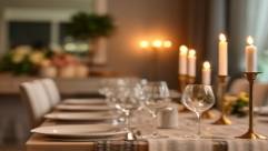 pristine moveinhome, content, setting up the dining table, photorealistic, dining room with fine china and crystal glassware, highly detailed, flickering candlelight shadows, clear focus with bokeh, ivory and gold highlights, candlelit glow, shot with a 50mm lens.