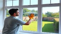 gleaming moveinsanitize, attentive, cleaning windows, photorealistic, large bay window overlooking a garden, highly detailed, streak-free glass, precise focus, lush greens and clear skies, natural daylight, shot with a 24mm lens.