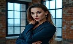 sophisticated luciadelarosa portrait, confident expression, posing gracefully, photorealistic, set in a rustic brick loft, highly detailed, gentle breeze through open window, sharp focus, deep blue tones, ambient soft lighting, shot with an 85mm lens.
