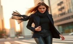 chic luciadelarosa fashion, fierce expression, striding on urban street, photorealistic, backdrop of a modern cityscape with skyscrapers, highly detailed, wind tossing hair and scarf, motion blur, sleek black outfit, golden hour lighting, shot with a 35mm lens.