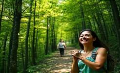 adventurous luciadelarosa travel, joyous expression, hiking through dense forest, photorealistic, lush green trees and narrow trail, highly detailed, vibrant nature in the background, high dynamic range, earthy tones, dappled sunlight through canopy, shot with a 24mm lens.