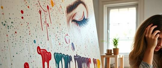 artsy luciadelarosa art, contemplative expression, painting on large canvas, photorealistic, in a sunlit artist studio with splattered paint everywhere, highly detailed, brush strokes on canvas, macro detail, colorful palette, soft diffused lighting from open window, shot with a macro lens.