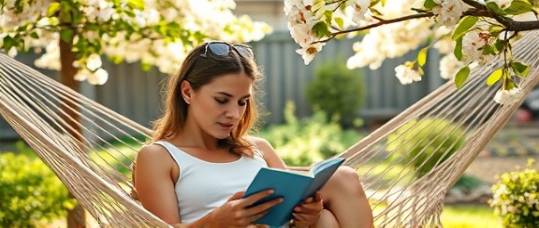 casual luciadelarosa lifestyle, relaxed expression, reading in a hammock, photorealistic, backyard garden under blooming trees, highly detailed, leaves rustling in gentle breeze, shallow depth of field, pastel colors, dappled sunlight, shot with a 50mm lens.
