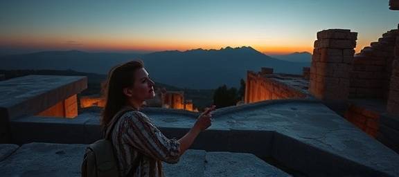 curious luciadelarosa travel, inquisitive expression, exploring ancient ruins, photorealistic, twilight casts long shadows over stone, highly detailed, distant silhouette of mountains, panoramic perspective, subdued earthy colors, soft twilight glow, shot with a wide-angle lens.
