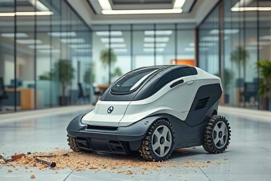 cleaning debris robot, efficient design, methodically sweeping floors, photorealistic, newly renovated office with glass walls and modern furniture in the background, highly detailed, swirling construction dust, 35mm lens, fluorescent lighting, realistic reflections