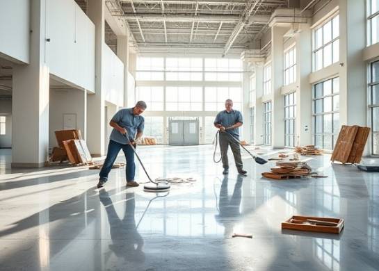 postrenovation crew, determined look, vigorously polishing floors, photorealistic, large open space of a commercial building with scattered tools visible, highly detailed, pieces of debris being collected, 24mm wide-angle lens, bright midday sun, contrasting highlights