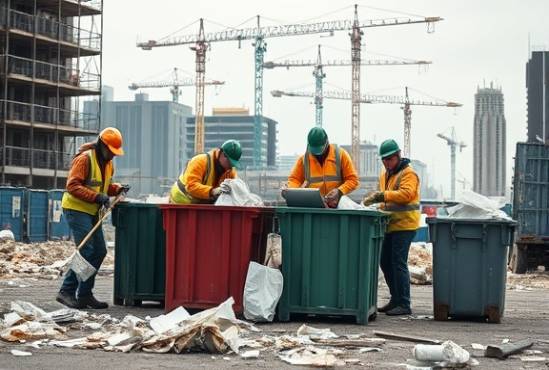 site cleaning team, collaborative effort, handling debris into containers, photorealistic, urban construction zone with cranes and scaffolding in the distance, highly detailed, wind blowing loose papers around, 85mm portrait lens, overcast lighting, smooth shadows