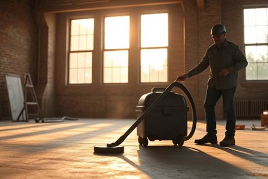 afterbuild cleanup, precise movements, using vacuum tools on concrete, photorealistic, spacious loft apartment with exposed brick and wooden beams in the background, highly detailed, floating dust motes visible, 50mm lens, afternoon light through large windows, soft highlights