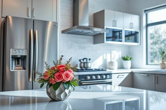 calm cleaning pricing, focused, polishing surfaces, photorealistic, modern kitchen with shiny appliances and fresh flowers on the counter, highly detailed, reflections on the metallic surfaces, shot with a wide-angle lens, cool blues and whites, bright daylight, shot with a Nikon AF-S NIKKOR 14-24mm f/2.8G ED lens.