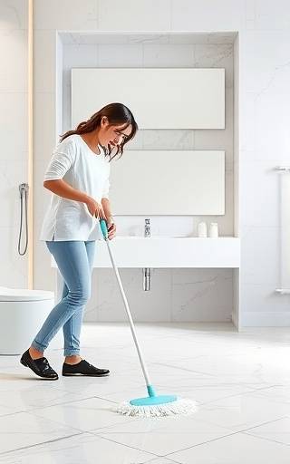 meticulous cleaning fees, confident, mopping floors, photorealistic, minimalist bathroom with marble tiles and a large mirror, highly detailed, water droplets scattering under bucket, balanced composition, pastel colors, even lighting, shot with a Canon RF 24-105mm f/4L IS USM lens.