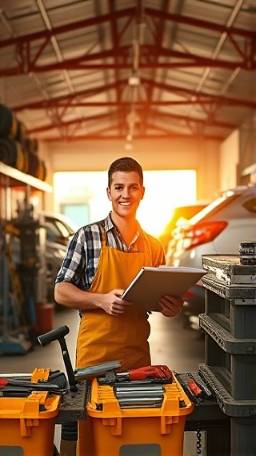 happy cleaning estimate, energetic, organizing tools, photorealistic, garage filled with well-maintained tools and vehicles, highly detailed, sunlight reflecting off car surfaces, dynamic perspective, earthy colors, warm incandescent lighting, shot with a Fujifilm XF 16-55mm f/2.8 R LM WR lens.