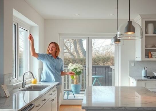 organized cleaning home, joyful, wiping windows, photorealistic, spacious kitchen with marble countertops, highly detailed, streaks on the glass, high-resolution, bright whites and blues, ambient lighting, shot with a 50mm lens