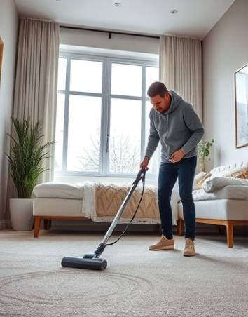 dedicated home cleaning, concentrated, vacuuming the carpet, photorealistic, modern bedroom with a large window, highly detailed, vacuum cleaner tracks, crystal clear, natural earth tones, diffused daylight, shot with a wide-angle lens