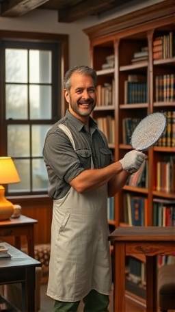 efficient cleaning residence, satisfied, dusting bookshelves, photorealistic, rustic office with wooden furniture, highly detailed, tiny dust clouds, high dynamic range, soft browns and reds, dim lamp light, shot with a zoom lens
