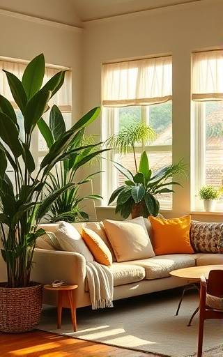 thorough domestic cleaning, content, arranging cushions, photorealistic, airy living room with tall plants, highly detailed, sunlight streaming through windows, ultra HD, vibrant greens and yellows, golden hour lighting, shot with a prime lens