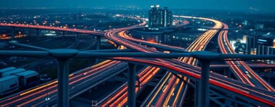 extensive servicearea network, interconnected, depicting connectivity, photorealistic, showcasing infrastructure and traffic flow, highly detailed, active network paths, 16k resolution, rich contrasts, diffused lighting, shot with a panoramic lens.