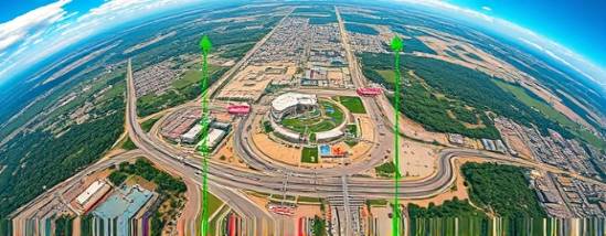 clear servicearea radius, defined, illustrating range, photorealistic, incorporates topographical features and key locations, highly detailed, pulsating radius indicators, cinematic quality, bright colors, overhead lighting, shot with a fisheye lens.