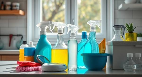 variety of cleaningsupplies, tidy, arranged neatly, photorealistic, set on a kitchen countertop with a window view, highly detailed, natural composition, 4K resolution, vibrant colors, natural sunlight streaming through, shot with a macro lens.
