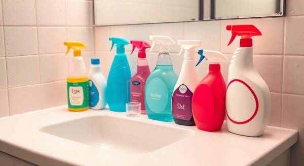 array of cleaningproducts, colorful, placed symmetrically, photorealistic, on a bathroom sink with a mirror reflection, highly detailed, water droplets effect, 8K, bright hues, overhead lighting, shot with a 50mm lens.