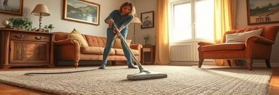 residentialcleaning scene, diligent, vacuuming carpet, photorealistic, in a cozy living room with vintage furniture, highly detailed, vacuum lines visible, ultra high resolution, warm palette, morning sun, shot with a wide-angle lens.