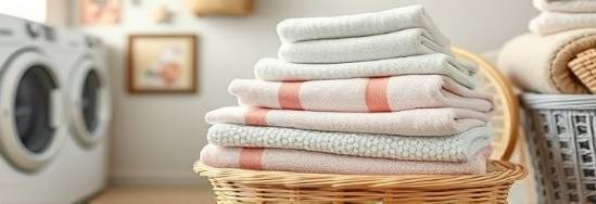 neat arrangement of homecleaning items, peaceful, stacking towels, photorealistic, in a laundry room with sorted baskets, highly detailed, subtle fabric texture, UHD, pastel shades, diffused light, shot with a 24mm lens.