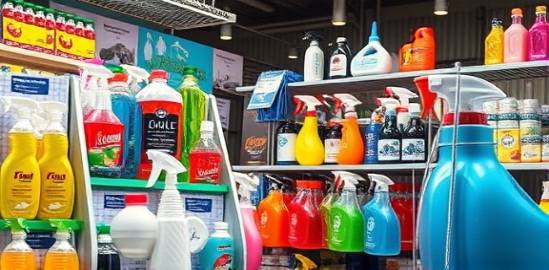 set of cleaningsupplies, vibrant, displayed on shelves, photorealistic, in an industrial-style shop with metallic elements, highly detailed, price tags and labels visible, high definition, eclectic colors, spotlight lighting, shot with a 70-200mm lens.