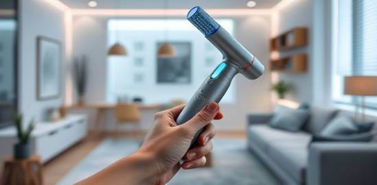 functional cleaningtools, innovative, held in hand, photorealistic, in a high-tech household with smart home features, highly detailed, tool functionality in use, 16K resolution, sleek design palette, LED lighting, shot with a 100mm lens.