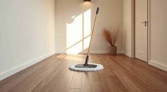 simple residentialcleaning setup, serene, mopping wooden floor, photorealistic, in a minimalist Scandinavian-style room, highly detailed, mop trails visible, 10K resolution, earthy tones, light fixtures casting shadows, shot with a 40mm lens.