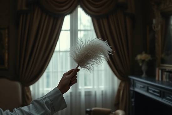 traditional homecleaning practices, classic, dusting with feather duster, photorealistic, in a Victorian-style room with heavy drapes, highly detailed, dust particles visible, full HD, muted colors, dim light, shot with a 90mm lens.