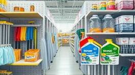 contemporary cleaningsupplies, aesthetic, displayed in set, photorealistic, within a home improvement store aisle, highly detailed, organized setup, ultra HD, bright neons, fluorescent lighting, shot with a 60mm lens.