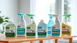 collection of cleaningproducts, innovative, eco-friendly packaging, photorealistic, on a natural wooden table, highly detailed, brand labels visible, 6K resolution, cool blues and greens, morning light through window, shot with a 45mm lens.