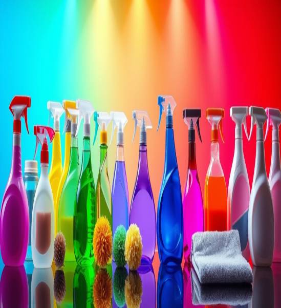 extravagant display of cleaningsupplies, extravagant, lined up in rainbow order, photorealistic, in a vibrant studio background, highly detailed, rainbow color gradient, ultra high definition, saturated colors, bright spotlights, shot with a 24-70mm lens.