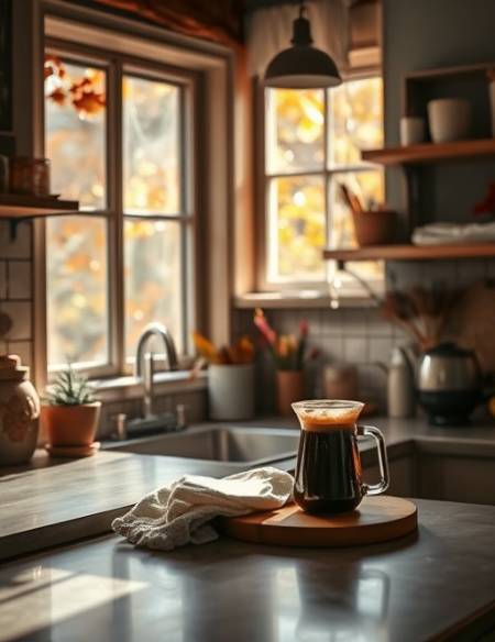 charming kitchen, focused, scrubbing countertops with eco-friendly supplies, photorealistic, rustic kitchen adorned with autumn leaves visible through the window, highly detailed, subtle steam rises from a freshly brewed coffee, f/2.8 aperture with a Nikon 35mm lens, warm earth tones, soft morning light, shot with a prime lens.