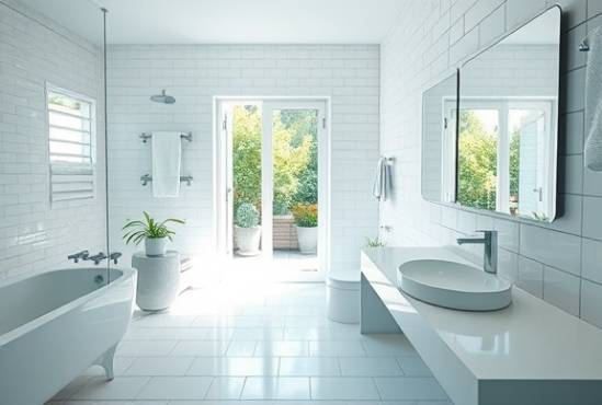 spacious bathroom, determined, polishing mirrors to a gleam, photorealistic, pristine white tiles with a glimpse of a sunny garden outside, highly detailed, diffused sunlight reflects softly on the tiles, f/5.6 aperture with a Sigma 24mm lens, cool blues and greens, ambient lighting, shot with a standard lens.