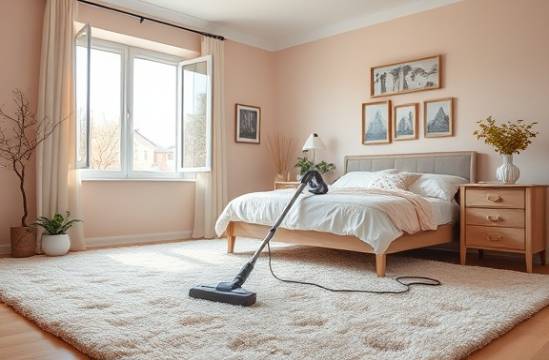 serene bedroom, peaceful, vacuuming a plush carpet, photorealistic, pastel walls with open windows showing the first signs of spring, highly detailed, gentle rustling of new leaves in the breeze, f/1.8 aperture with a Sony 85mm lens, soft pinks and whites, diffused lighting, shot with a telephoto lens.