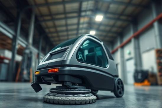 modern cleaning equipment, captured mid-motion, operating smoothly, photorealistic, set in a commercial warehouse environment, highly detailed, dust particles in the air, high dynamic range, vivid tones, artificial lighting from overhead fixtures, shot with a wide-angle lens