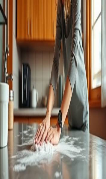 expert cleaning techniques, demonstrated skillfully, scrubbing a kitchen counter, photorealistic, in a homey kitchen with wooden cabinets, highly detailed, suds and bubbles, high shutter speed, warm color palette, natural light filtering through curtains, shot with a 35mm lens