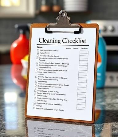 comprehensive cleaning checklist, displayed on a clipboard, ready for use, photorealistic, on a granite countertop with cleaning supplies in background, highly detailed, shadows and textures, high contrast, muted colors, diffused sunlight, shot with a 100mm lens