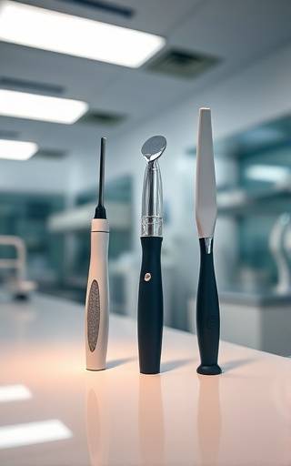 advanced cleaning tools, spotlighted innovatively, being demonstrated, photorealistic, in a sterile laboratory environment, highly detailed, reflections and refractions, excellent clarity, cool tones, strong overhead fluorescent lighting, shot with a tilt-shift lens