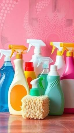 array of cleaning products, creatively arranged, awaiting use, photorealistic, on a vibrant colored background with contrasting patterns, highly detailed, glints and highlights, perfect exposure, dynamic color range, soft studio lighting, shot with a telephoto lens